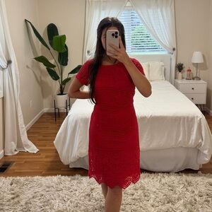 Women's Red Short-Sleeve Crochet/Lace Midi Dress